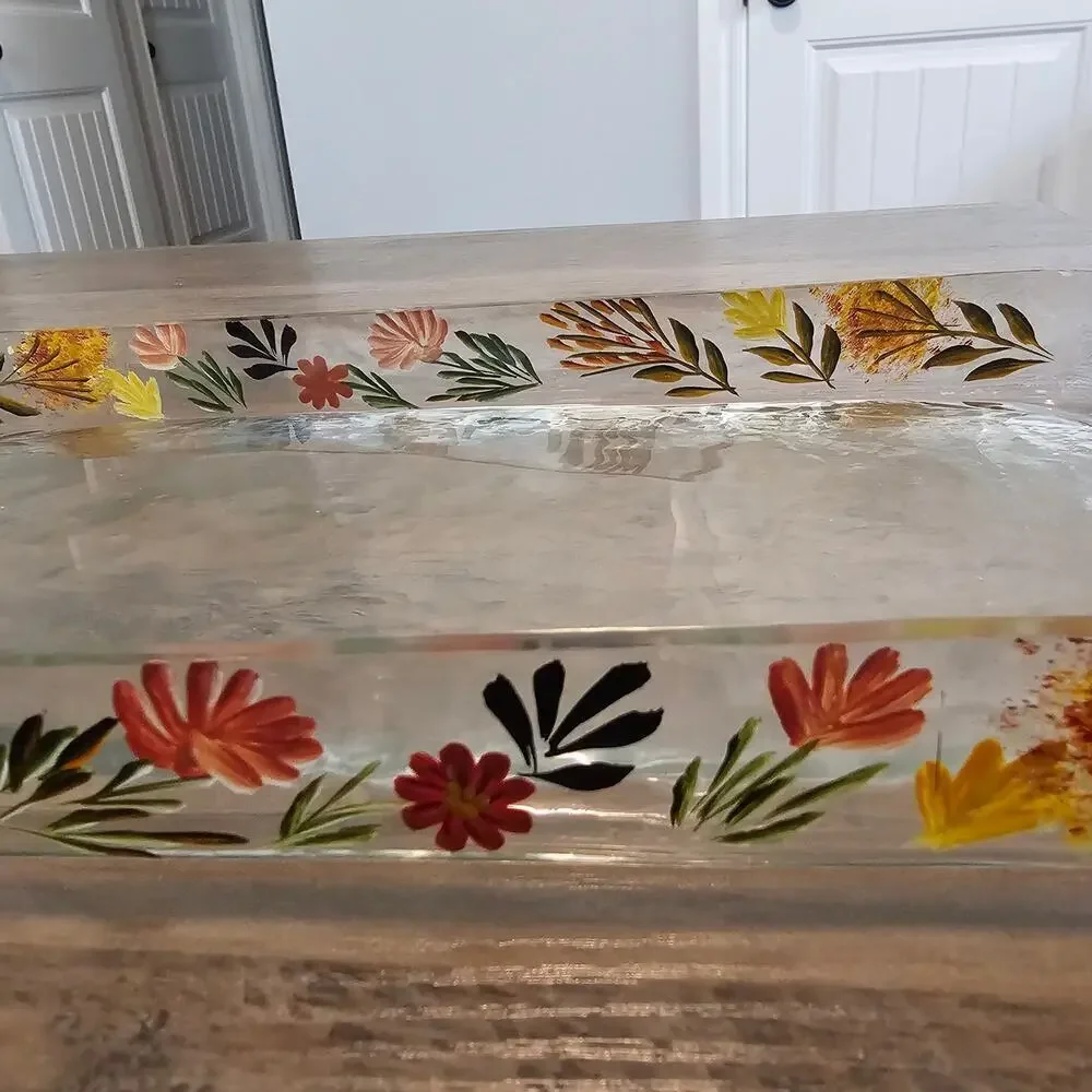 Vintage Hand Painted Glass Tray Floral Rectangle  Retro Cottage Trinket Holder